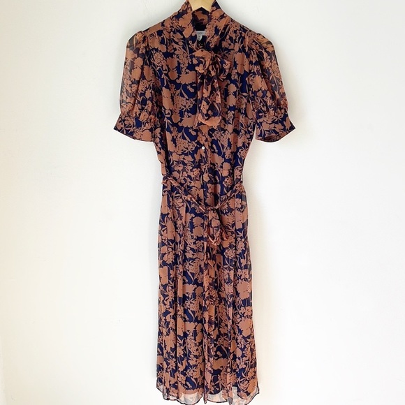 1901 Floral Print Pearl Button Pleated Chiffon Midi Dress L - Picture 2 of 13